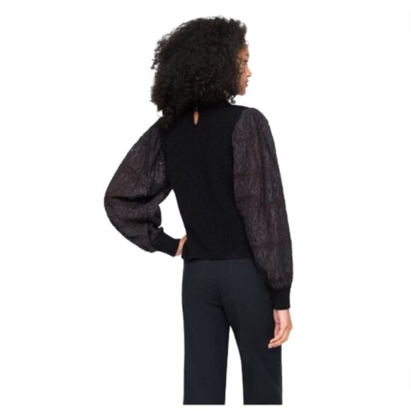 Sea NY Iris Eyelet Sweater Womens Medium Black Long Sleeve Wool Cotton Mock Neck - Picture 3 of 13